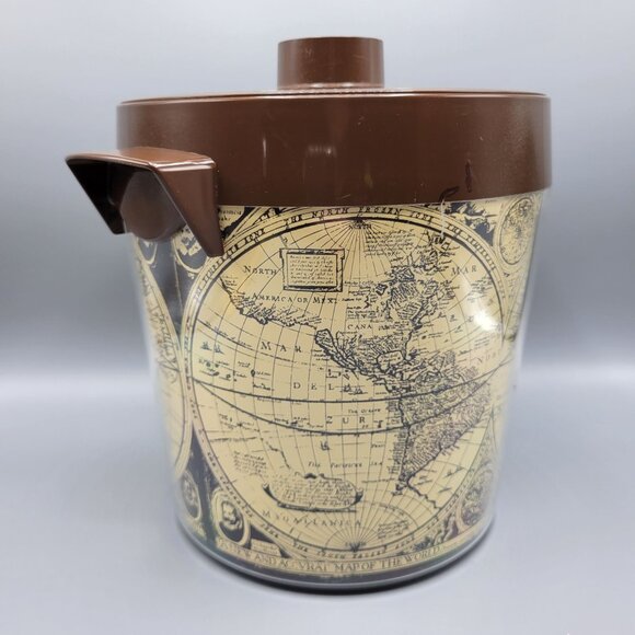 Vintage Thermo-Serv West Bend USA Brown Lid Ice Bucket With World Map Design - Picture 7 of 15